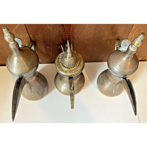 Brass Islamic Dallah Arabic Coffee Pots Middle Eastern India Set Of 3 - Picture 5 of 16